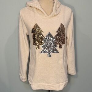 Miss Chievous Holiday Sequin Tree fleece Hoodie in Cream Size M